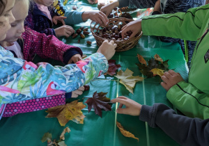 Na zdjęciu widać dzieci z grupy VI podczas tworzenia mandali z wykorzystaniem tworzywa przyrodniczego - darów Jesieni w altanie kącika dydaktycznego Przyrodniczy zakątek w naszym przedszkolnym ogrodzie
